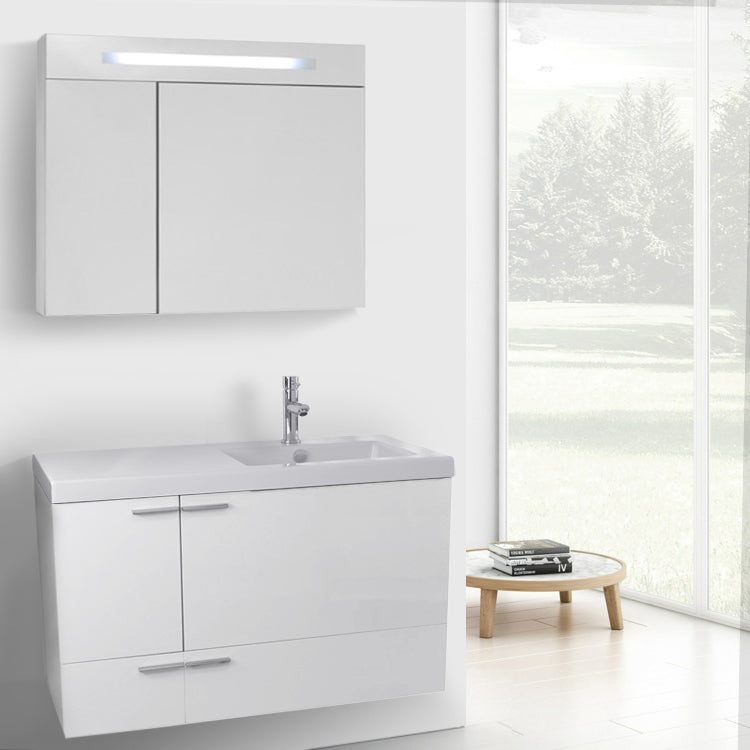 39 Inch Glossy White Bathroom Vanity with Fitted Ceramic Sink, Wall Mounted, Lighted Medicine Cabinet Included - Stellar Hardware and Bath 