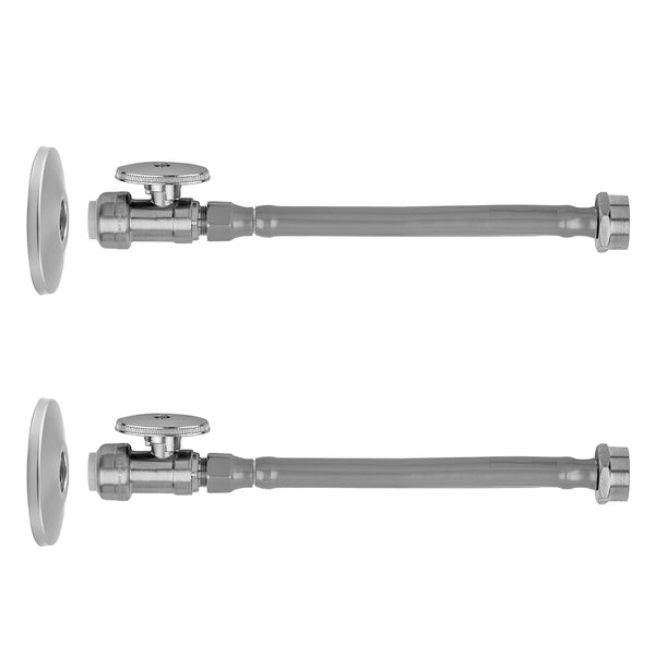 Quarter Turn Straight Pattern 1/2" Push Fit x 3/8" O.D. Faucet Supply Kit with Escutcheons and 20" Grey JACLOFLEX Supply Lines - Stellar Hardware and Bath 