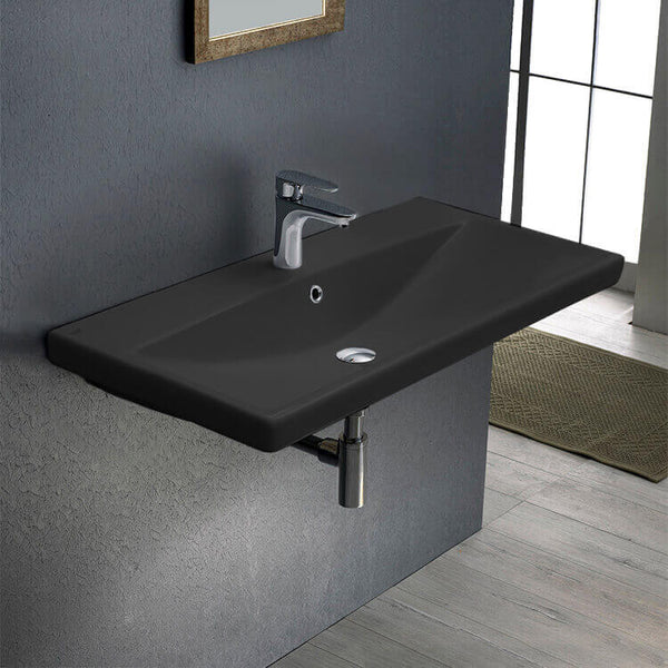 Elite Rectangular Matte Black Ceramic Wall Mounted or Drop In Sink - Stellar Hardware and Bath 