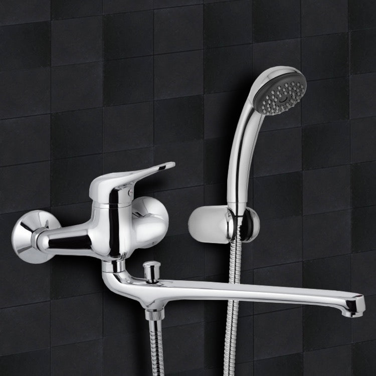 Chrome Wall Mount Tub Faucet with Long Swivel Spout and Hand Shower - Stellar Hardware and Bath 