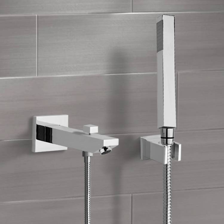 Matte Black Wall Mounted Tub Spout Set with Hand Shower - Stellar Hardware and Bath 