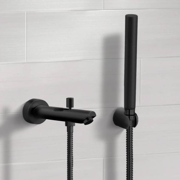 Matte Black Wall Mounted Tub Spout Kit with Hand Shower - Stellar Hardware and Bath 