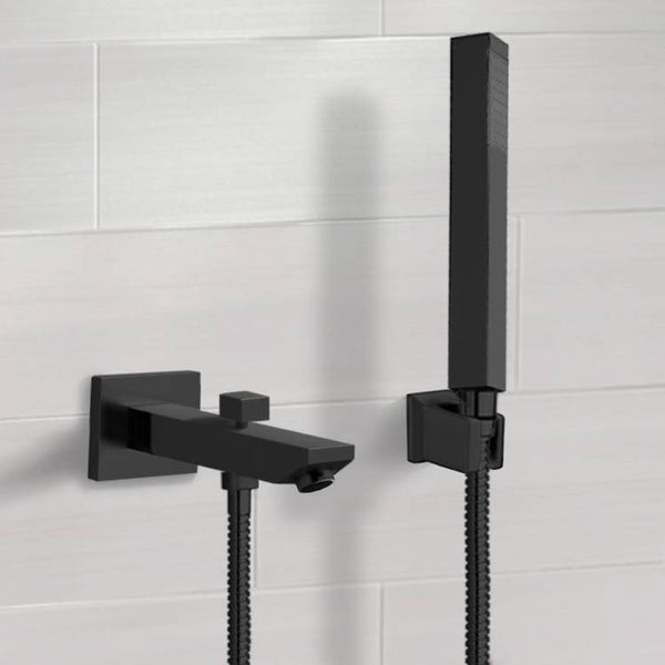 Matte Black Wall Mounted Tub Spout Set with Hand Shower - Stellar Hardware and Bath 