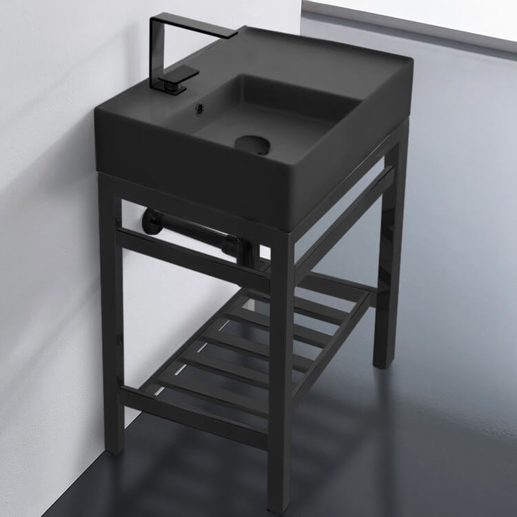 Teorema 2 Modern Matte Black Ceramic Console Sink and Matte Black Base - Stellar Hardware and Bath 