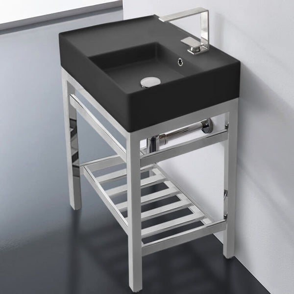 Teorema 2 Modern Matte Black Ceramic Console Sink and Polished Chrome Base - Stellar Hardware and Bath 