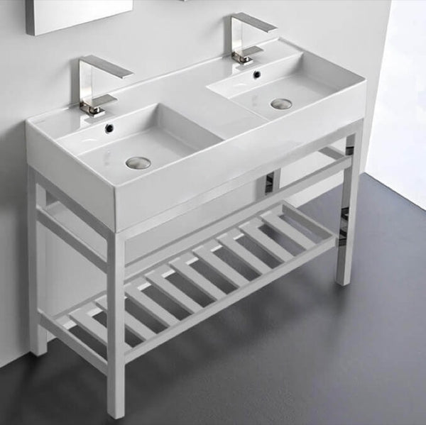 Teorema 2 Double Ceramic Console Sink With Polished Chrome Stand - Stellar Hardware and Bath 