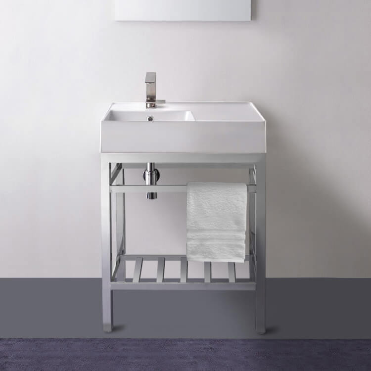 Teorema 2 Modern Ceramic Console Sink With Counter Space and Chrome Base - Stellar Hardware and Bath 