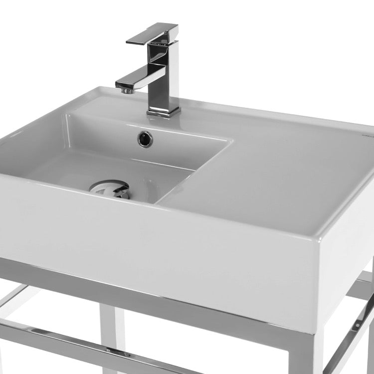 Teorema 2 Modern Ceramic Console Sink With Counter Space and Chrome Base - Stellar Hardware and Bath 