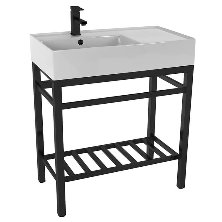 Teorema 2 Modern Ceramic Console Sink With Counter Space and Matte Black Base - Stellar Hardware and Bath 