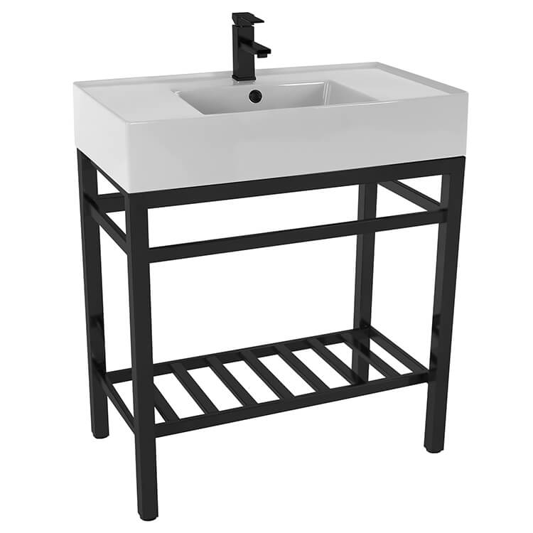 Teorema 2 Modern Ceramic Console Sink With Counter Space and Matte Black Base - Stellar Hardware and Bath 