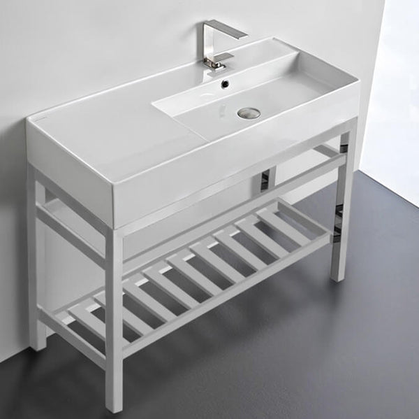 Teorema 2 Modern Ceramic Console Sink With Counter Space and Chrome Base - Stellar Hardware and Bath 